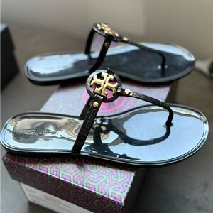 Tory Burch Black T-Strap Sandals with Gold Emblem